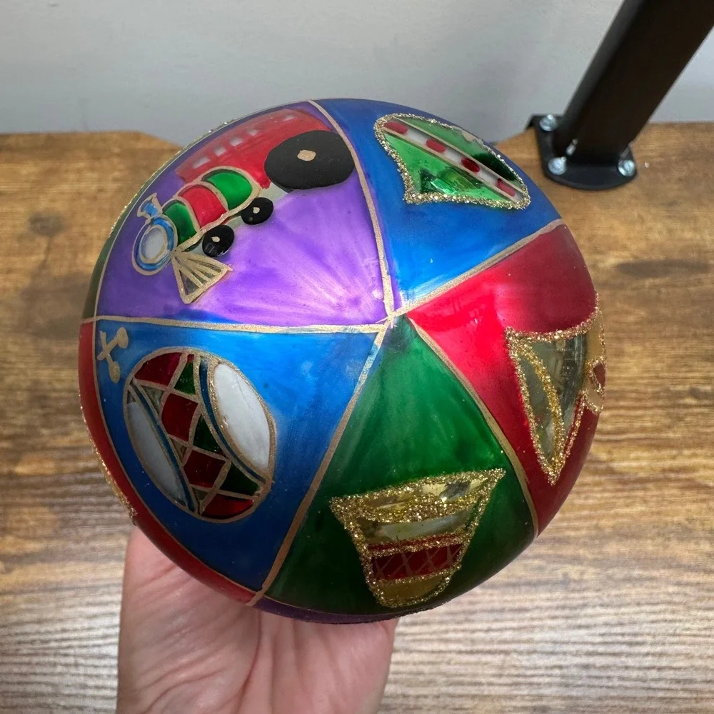 Hand Painted Glass Christmas‎ Patchwork Ornament Multi Color Glitter Train Bell